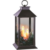 Christmas Lantern 3 Flickering Warm LED Candles & Frosted Pine Needle Decorations Measures H28.5cm x 14cm Diameter