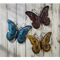 3 x Butterfly Wall or Fence Ornaments Weather Resistant Metal Colourful Home or Garden Decorations Each H45 x W36cm
