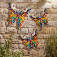 3 x Metal Butterfly Wall Art Colourful Outdoor Garden Fence or Wall Sculpture Ornament Decorations 3 Sizes Fixings Included