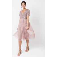 Short Sleeve V Neck Embellished Midi Dress Light