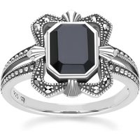 Art Deco Style Baguette Onyx & Marcasite Ring Sterling O