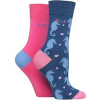 ELLE Women's 2 Pair Bamboo Patterned & Plain Socks in Dark Blue | Size: 4-8