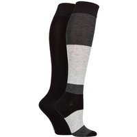 SOCKSHOP Women's 2 Pair Plain & Patterned Bamboo Knee High Socks with Smooth Toe Seams in Charcoal | Size: 4-8