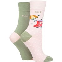 ELLE Women's 2 Pair Bamboo Patterned & Plain Socks in Green | Size: 4-8