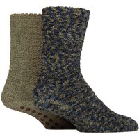 SOCKSHOP Men's 2 Pair Cosy Slipper Socks with Grip in Khaki | Size: 7-11