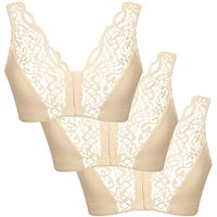 Eden House Women's Pack of 3 Bra Cotton Lace Front Fastening Magic Bra in Ecru | Size: 16
