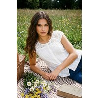 Roman Women's Lace Embroidered Crinkle Blouse Broderie Anglaise Cotton Top in White | Size: 20