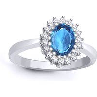 9ct White Gold Diamond Blue Topaz Classic Royal Cluster Ring 11mm Silver O