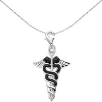 Jewelco London Women's Sterling Silver Black Crystal Rod of Asclepius Medical Link Charm