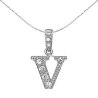 Silver CZ Letter V Initial Pendant Necklace 18 inch