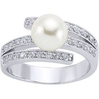 Jewelco London Women's Silver CZ Pearl Crossover Full Moon Dress Ring 9mm | Size: N
