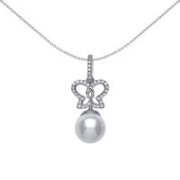 Jewelco London Women's Silver CZ Pearl Butterfly Charm Necklace 9mm