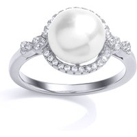 Jewelco London Women's Silver CZ Pearl Halo Full Moon Dress Ring | Size: Medium