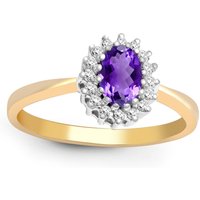 Jewelco London Women's 9ct Gold Diamond Purple Amethyst Classic Royal Cluster Ring 9mm | Size: T