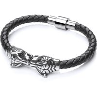 Jewelco London Men's Steel Black Leather Tiger Head Strap Bracelet 17mm 8 inch in Silver