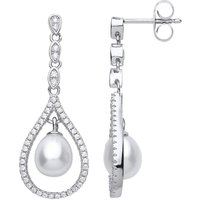 Jewelco London Women's Silver CZ Pearl Tears of Joy Drop Earrings 7x8mm