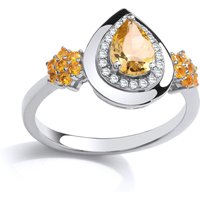 Jewelco London Women's Silver Golden Yellow Pear CZ Tears of Joy Halo Dress Ring | Size: N