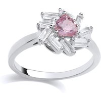 Jewelco London Women's Silver Pink Baguette CZ Sunburst Love Heart Cluster Ring | Size: Q