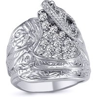 Rhodium Plated Silver Round CZ Horse Rope Saddle Ring 24mm W