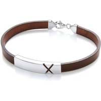 Brown Leather Steel ID Plate X Marked Strap Bracelet 8mm 8"