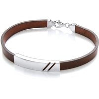 Brown Leather Steel ID Plate Double Groove Bracelet 8mm 8"