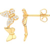 Jewelco London Women's Gilded 925 Silver CZ Fluttering Butterflies Pave Drop Earrings in Gold
