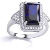 Jewelco London Women's Silver Blue Emerald CZ Arrowhead Rectangular Halo Cocktail Ring | Size: Large