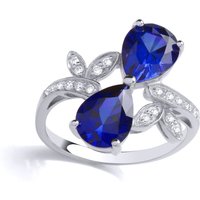 Jewelco London Women's Silver Blue Pear CZ Olive Leaf Branch Duology Bow Toi et Moi Ring | Size: Q
