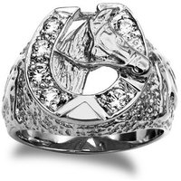 Silver Round CZ Carved Lucky Horse Shoe Head Cluster Ring W