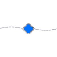 Jewelco London Women's Silver Blue Clover Agate CZ Halo Lucky Charm Bracelet 7-8.5"