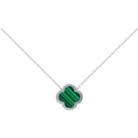 Jewelco London Women's Silver Clover Malachite CZ Lucky Charm Pendant Necklace 16-18"