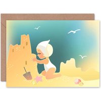 Artery8 Girl Beach Play Sand Castle Cartoon Kids Birthday Card