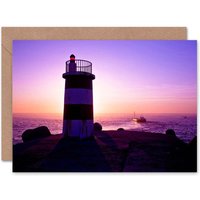 Artery8 Lighthouse Pier Sunset Boat Sea Art Blank Just to Say Card