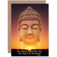 Artery8 Buddha The Way Is Not Sky In Heart Statue Sunset Greetings Card in Yellow
