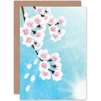 Artery8 Cherry Blossom Floral Flower Painting Drawing Greetings Card in Blue