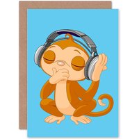 Artery8 Monkey Dj Music Cute Animal Cartoon Greetings Card in Blue