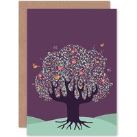 Artery8 Tree Birds Music Notes Purple Sky Greetings Card