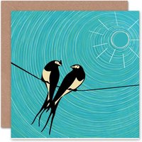 Two Swallows Birds Lovers On Wire Spring Sun Art Card
