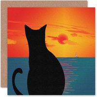 Wee Blue Coo Black Cat Lover Sunset At Sea Animal Greeting Art Card