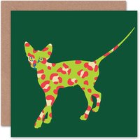 Green Red Leopard Pattern Sphynx Cat Lover Art Card