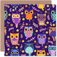 Owl Bird Stars Fern Vibrant Purple Orange Folk Art Card