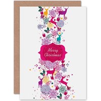 Artery8 Merry Christmas Reindeer Snowflakes Pattern Xmas Greetings Card in White