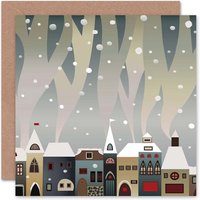 Winter Houses Village Cartoon Festive Home Card