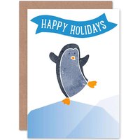 Artery8 Happy Holidays Penguin Ice Winter Christmas Christmas Greetings Card in Blue