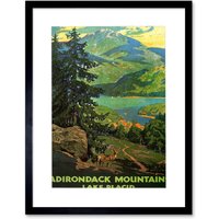 Artery8 Adirondack Mountains Lake Placid Lakeside Forest Nature Landscape Illustration Travel Poster Framed Wall Art Print Picture 12X16 inch in Black