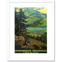 Artery8 Adirondack Mountains Lake Placid Lakeside Forest Nature Landscape Illustration Travel Poster Framed Wall Art Print Picture 12X16 inch in White
