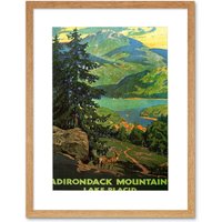 Artery8 Adirondack Mountains Lake Placid Lakeside Forest Nature Landscape Illustration Travel Poster Framed Wall Art Print Picture 12X16 inch