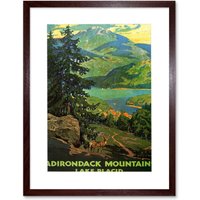 Artery8 Adirondack Mountains Lake Placid Lakeside Forest Nature Landscape Illustration Travel Poster Framed Wall Art Print Picture 12X16 inch in Brown