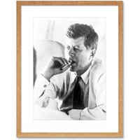 Artery8 Vintage Photo President John Kennedy Smoke Cigar JFK Framed Art Print in Light Oak
