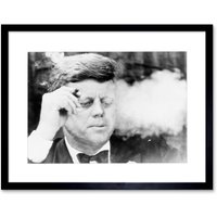 President John Kennedy Smoking Cigar JFK & White Vintage Photograph Artwork Framed Wall Art Print 12X16 Inch